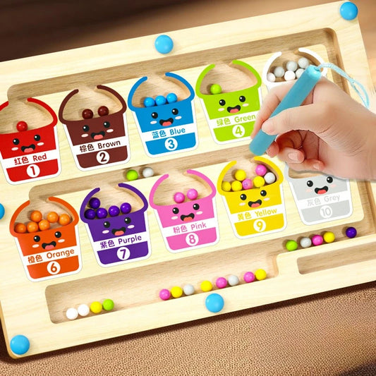 Montessori Magnetic Color Maze Board – Wooden Bead Sorting Game for Kids