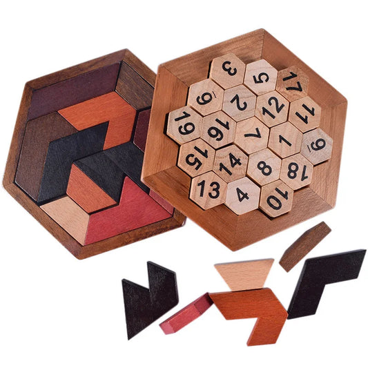 Wooden Hexagon Tangram Puzzle – Montessori Logic Game for All Ages™